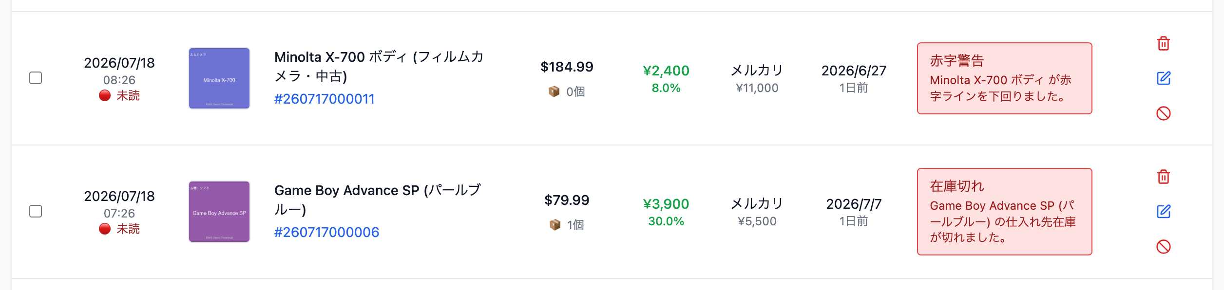 重要アラートの代表例2件（赤字警告・在庫切れ）。アラート内容列に赤いバッジが表示されている