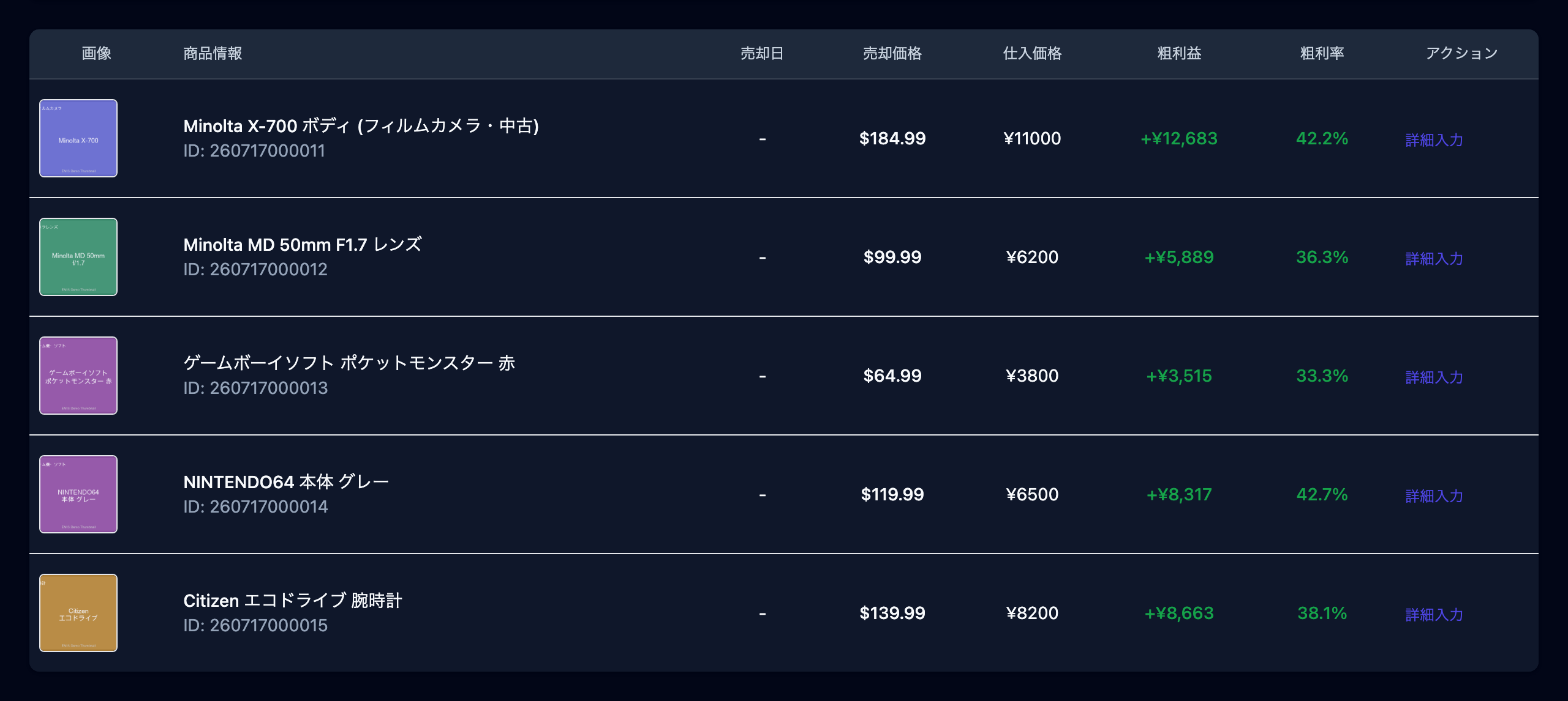 売却済みタブのテーブル（通貨表記の違いがわかるように）