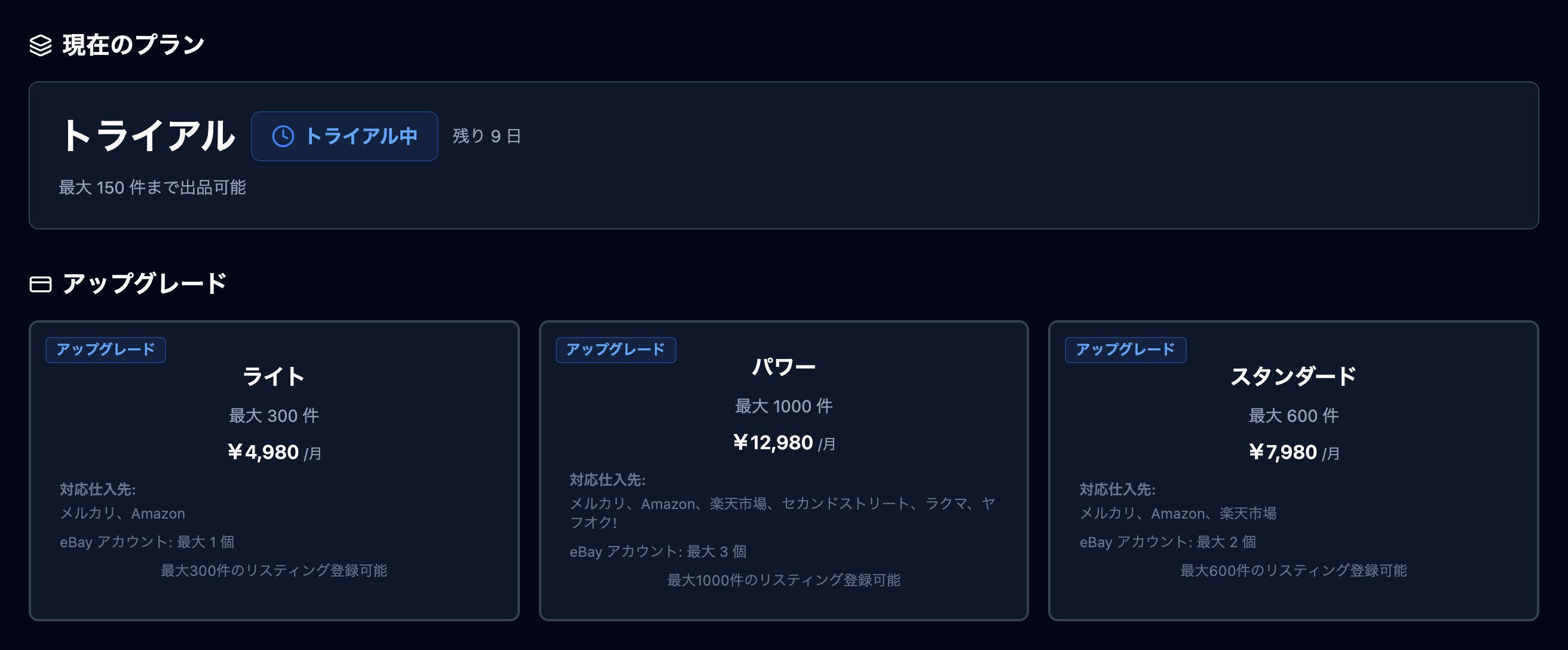 トライアル中のプランカードと「アップグレード」セクション