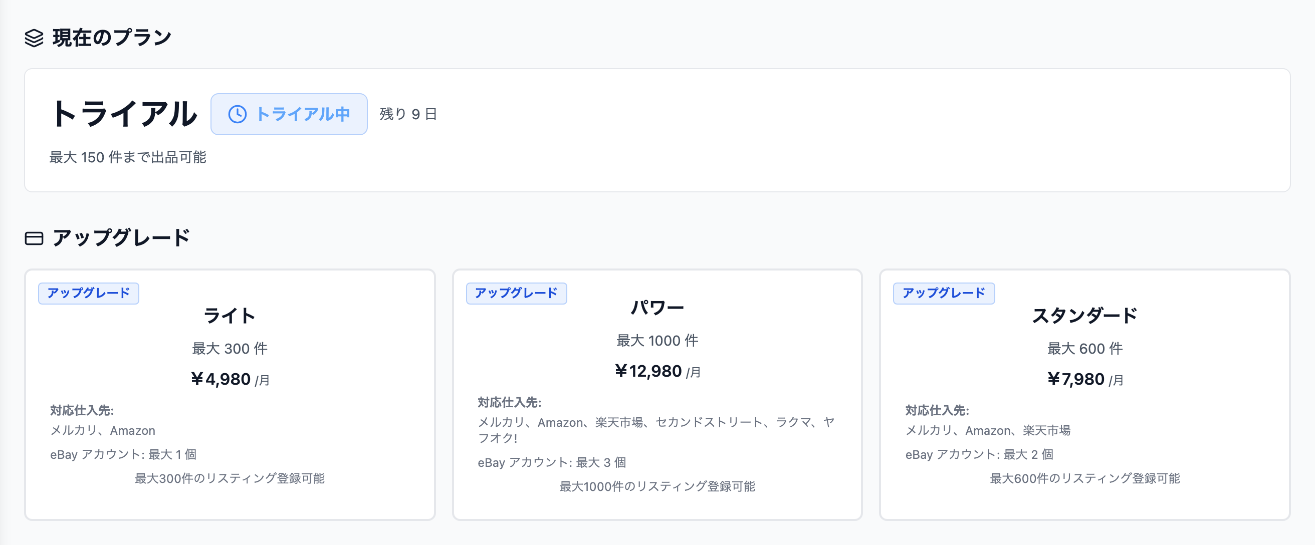 トライアル中のプランカードと「アップグレード」セクション